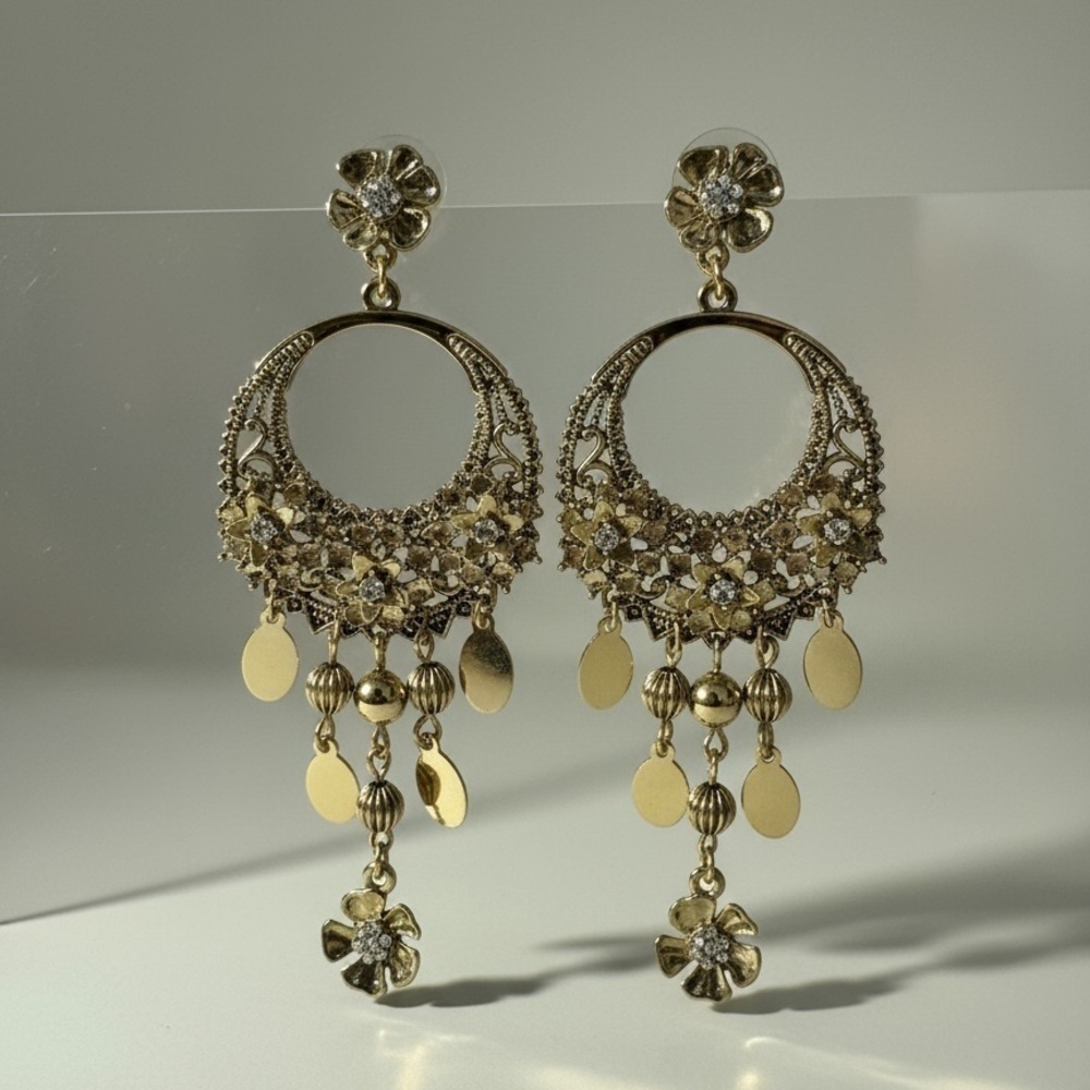 Vintage, boho  style chandelier earrings with charms and clear stones EUC